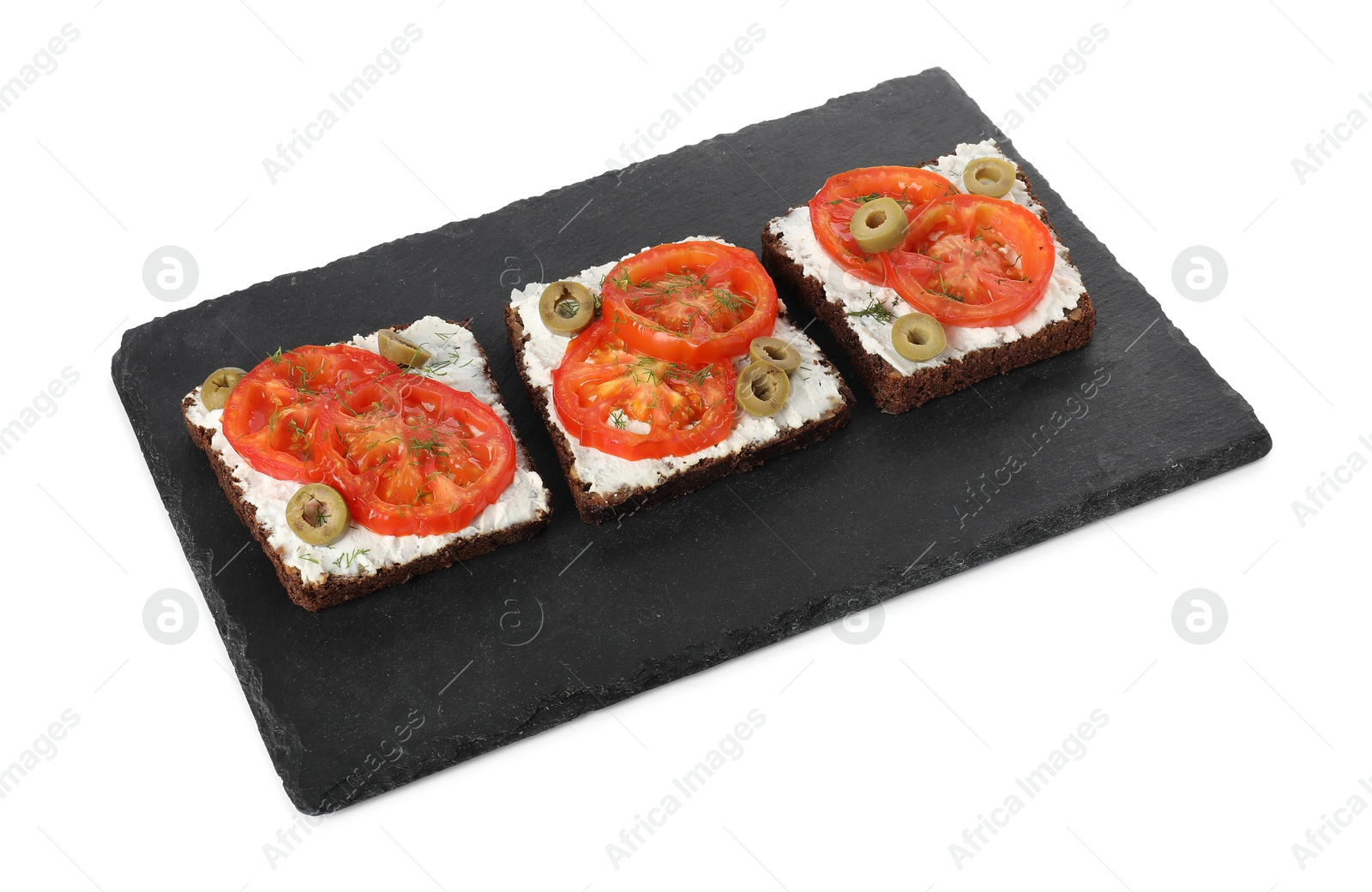 Photo of Delicious ricotta bruschettas with sliced tomatoes, olives and greens isolated on white