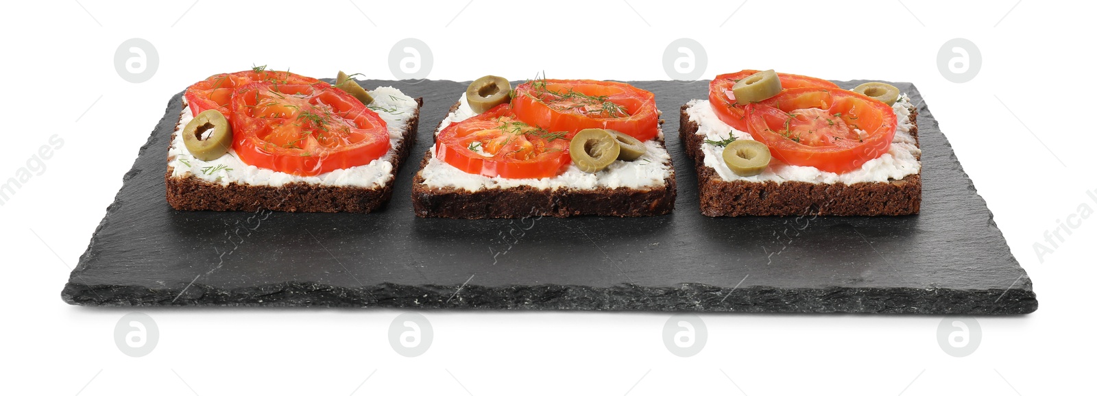 Photo of Delicious ricotta bruschettas with sliced tomatoes, olives and greens isolated on white