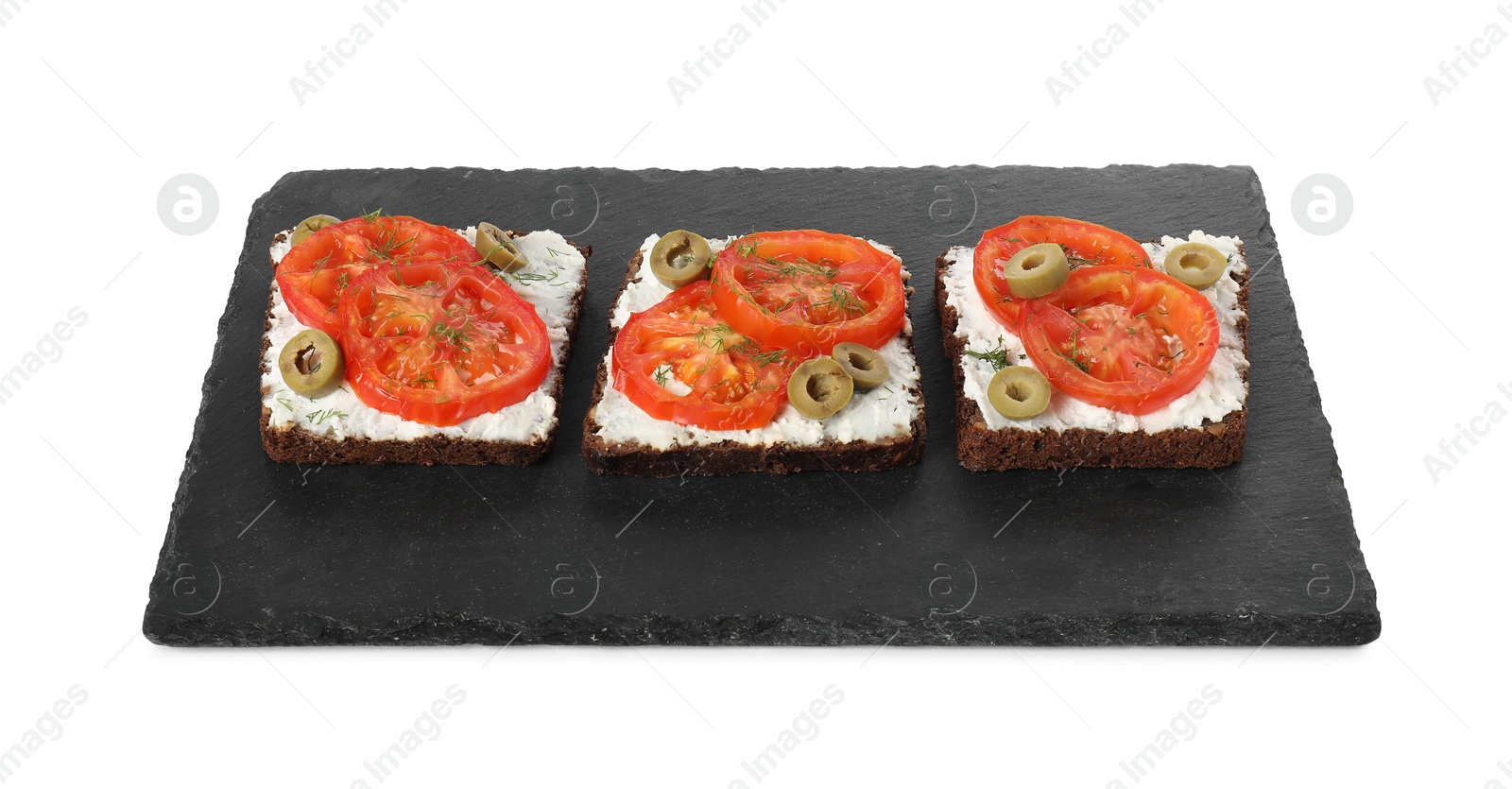 Photo of Delicious ricotta bruschettas with sliced tomatoes, olives and greens isolated on white