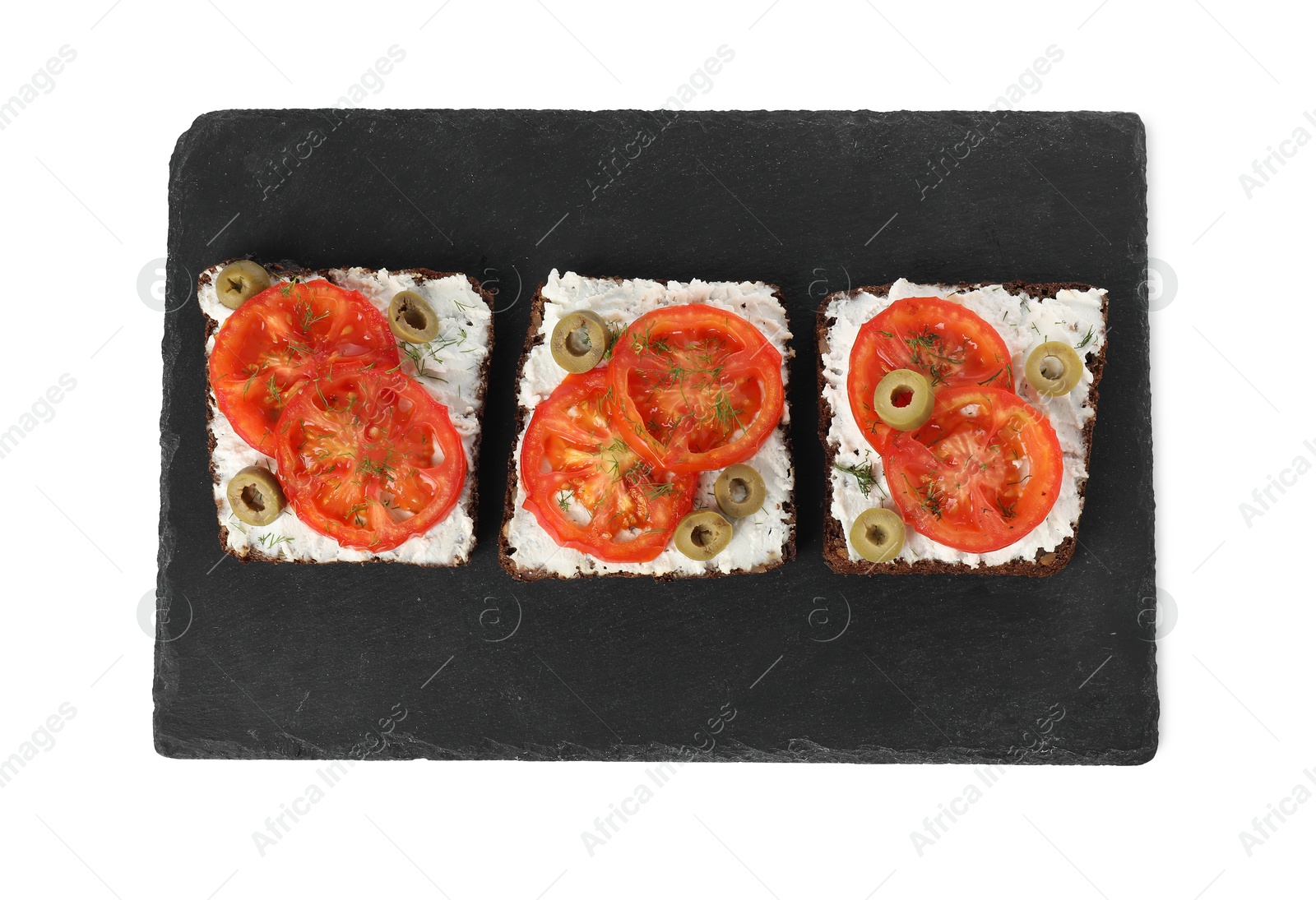 Photo of Delicious ricotta bruschettas with sliced tomatoes, olives and greens isolated on white, top view