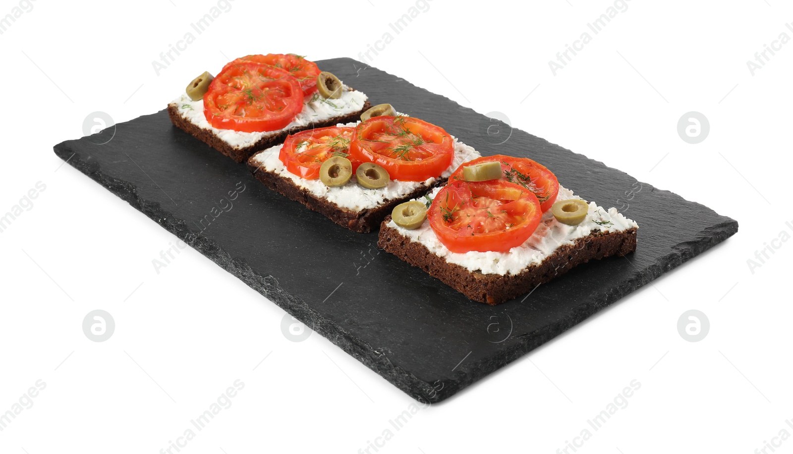 Photo of Delicious ricotta bruschettas with sliced tomatoes, olives and greens isolated on white