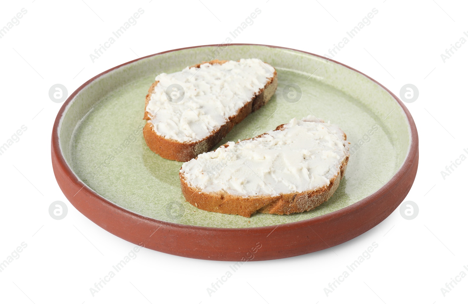 Photo of Plate with delicious ricotta bruschettas isolated on white