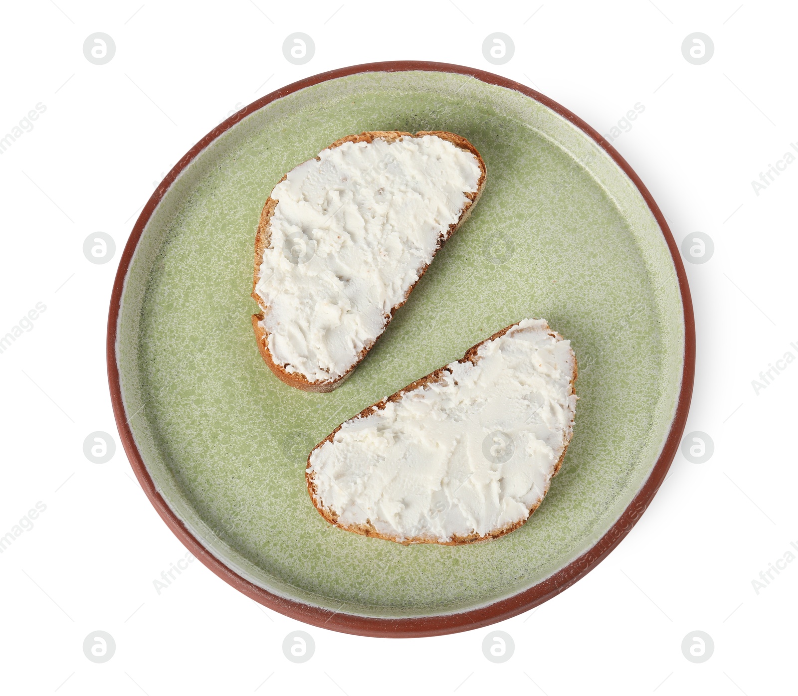 Photo of Plate with delicious ricotta bruschettas isolated on white, top view