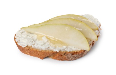 Photo of Delicious ricotta bruschetta with pear isolated on white