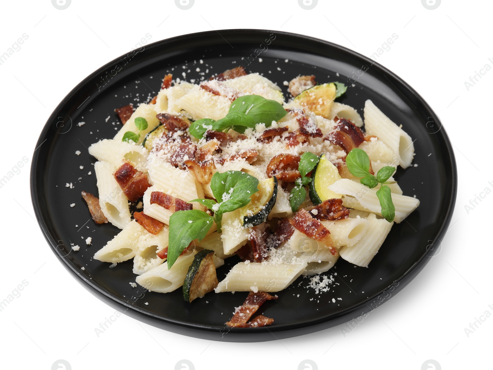 Photo of Tasty pasta with bacon and basil isolated on white