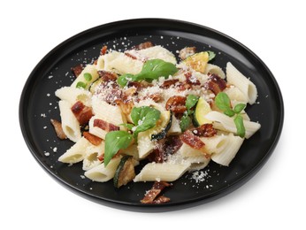 Tasty pasta with bacon and basil isolated on white