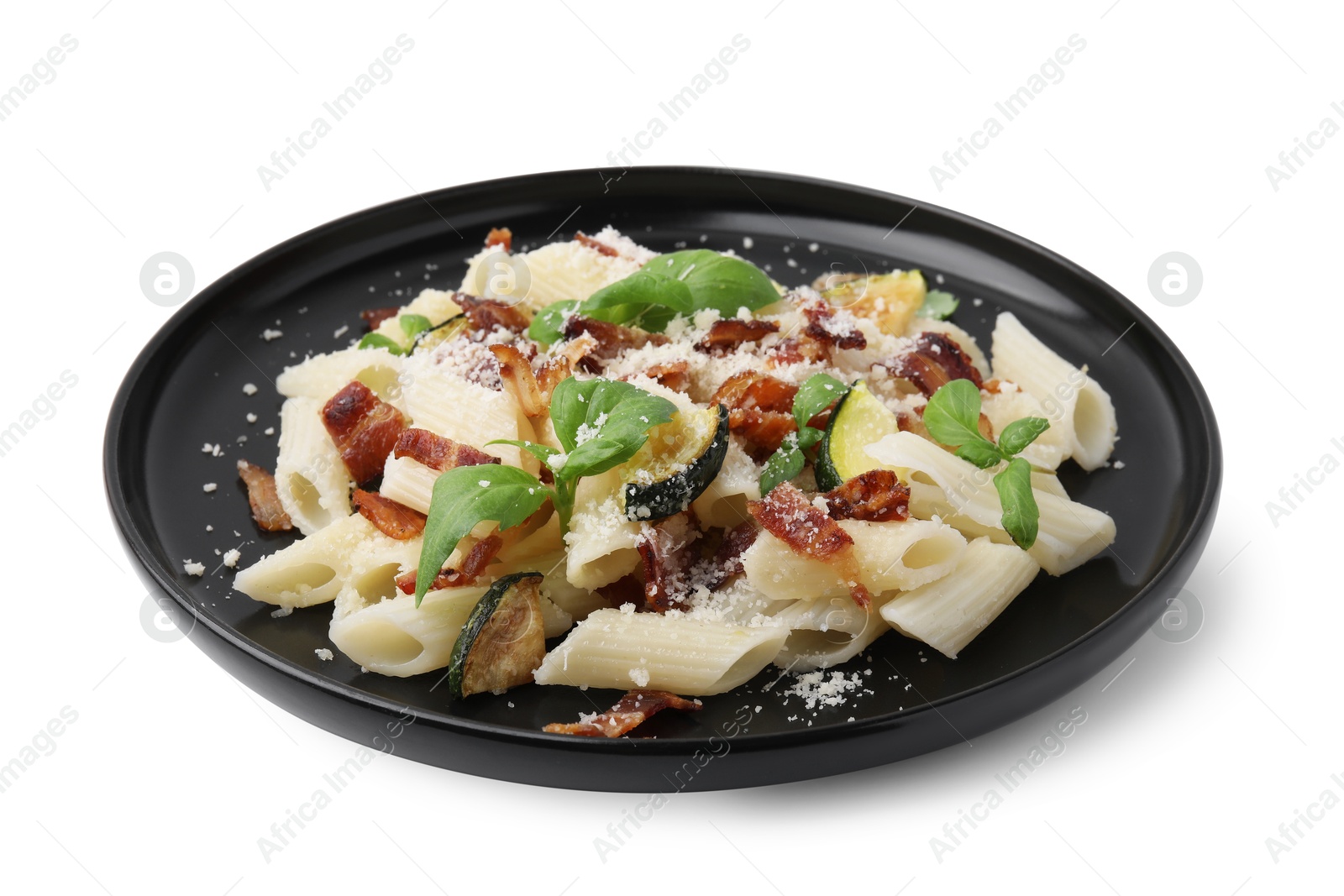 Photo of Tasty pasta with bacon and basil isolated on white