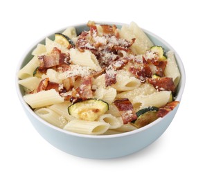 Photo of Tasty pasta with bacon and cheese isolated on white