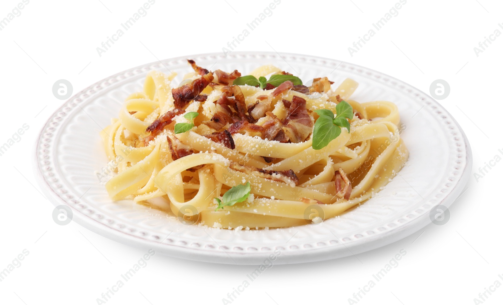 Photo of Tasty pasta with bacon and basil isolated on white