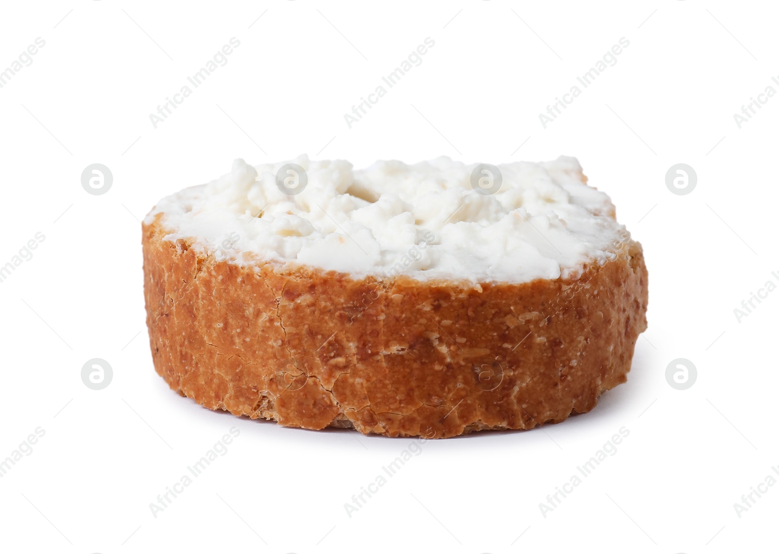 Photo of Delicious fresh ricotta (cream cheese) on piece of bread isolated on white