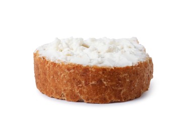 Photo of Delicious fresh ricotta (cream cheese) on piece of bread isolated on white