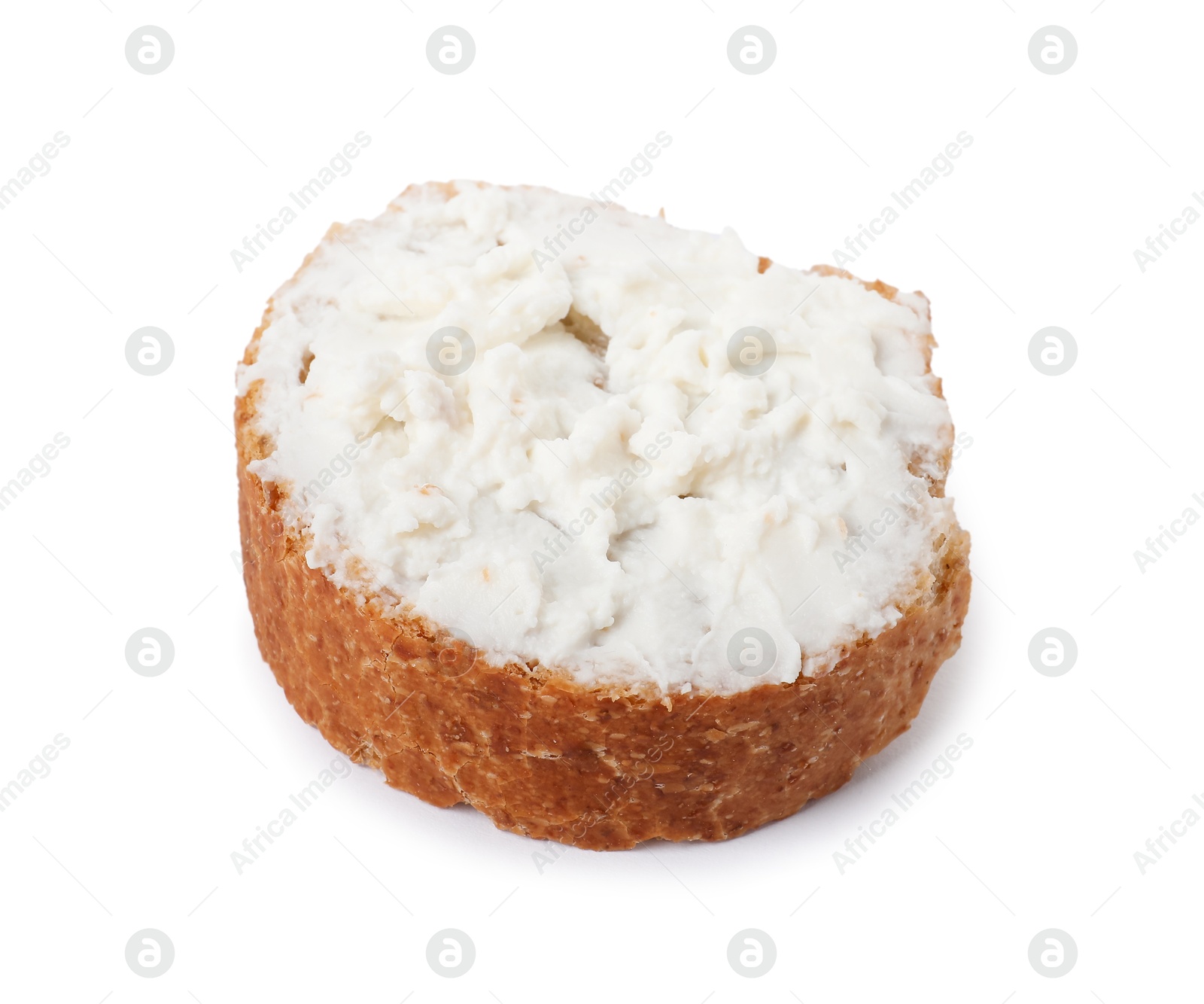 Photo of Delicious fresh ricotta (cream cheese) on piece of bread isolated on white