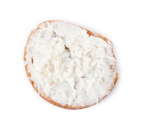 Delicious fresh ricotta (cream cheese) on piece of bread isolated on white, top view