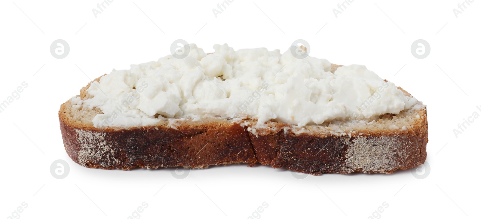 Photo of Delicious fresh ricotta (cream cheese) on piece of bread isolated on white