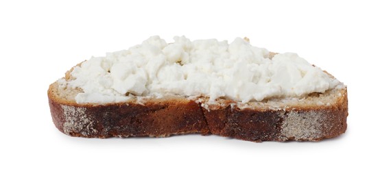 Photo of Delicious fresh ricotta (cream cheese) on piece of bread isolated on white