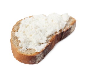 Photo of Delicious fresh ricotta (cream cheese) on piece of bread isolated on white