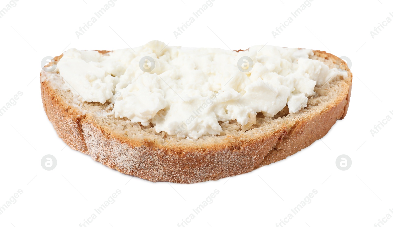 Photo of Delicious fresh ricotta (cream cheese) on piece of bread isolated on white