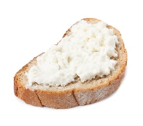 Photo of Delicious fresh ricotta (cream cheese) on piece of bread isolated on white