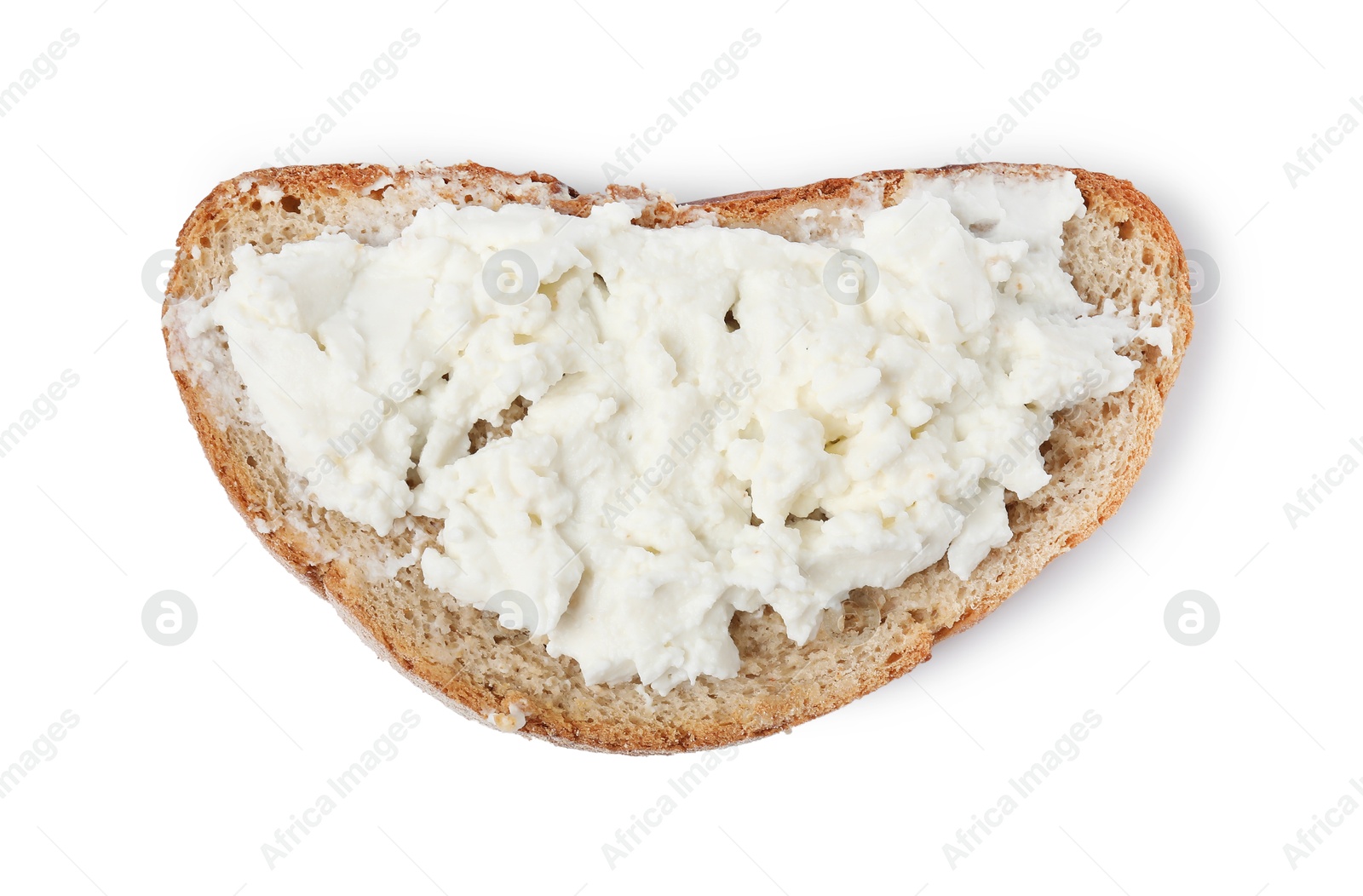 Photo of Delicious fresh ricotta (cream cheese) on piece of bread isolated on white, top view