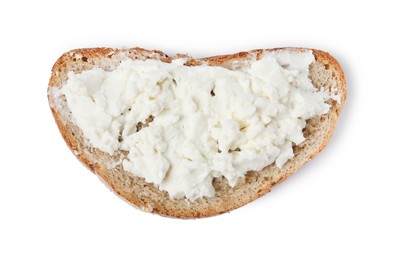 Photo of Delicious fresh ricotta (cream cheese) on piece of bread isolated on white, top view