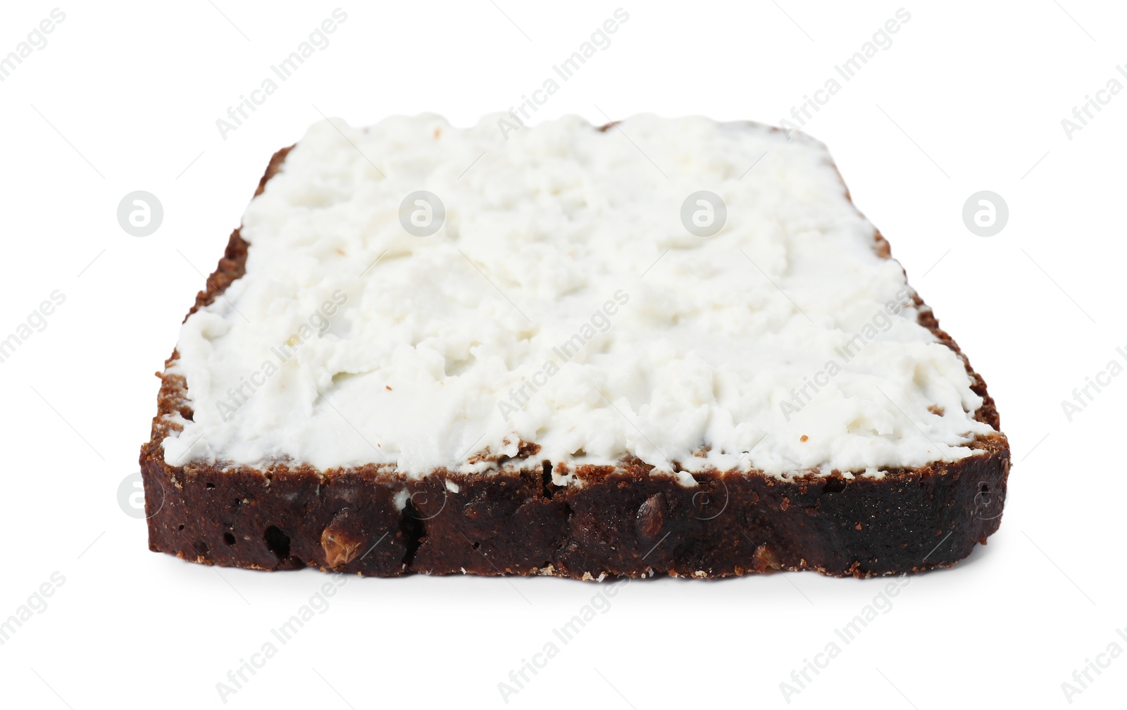 Photo of Delicious fresh ricotta (cream cheese) on piece of bread isolated on white