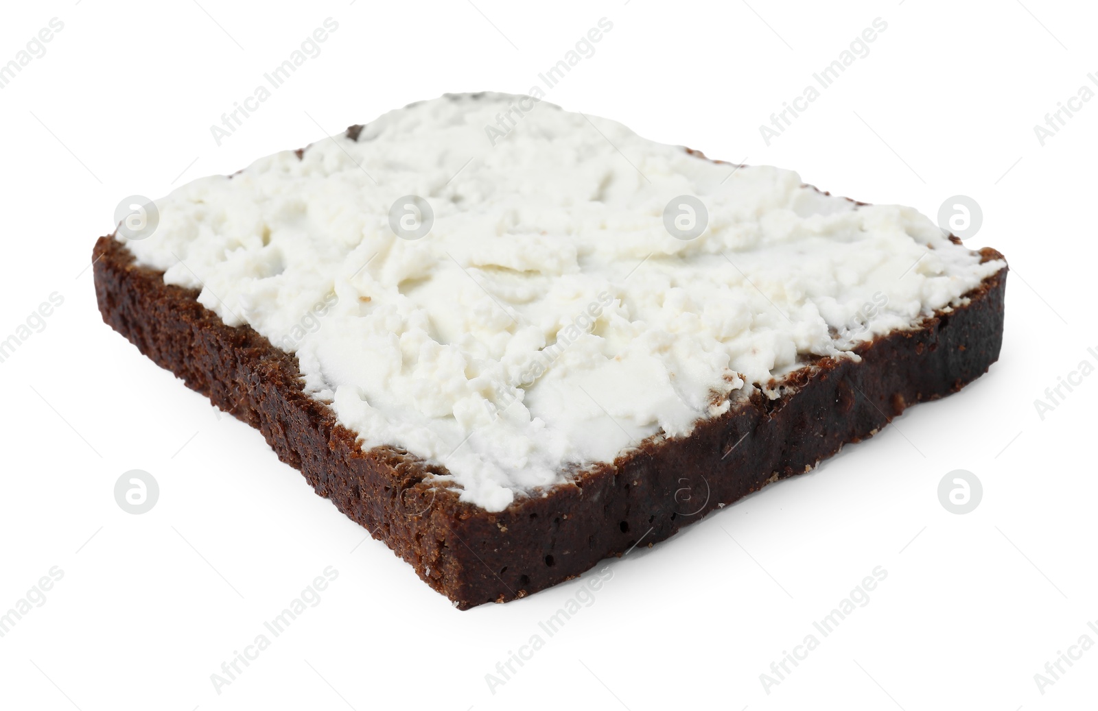 Photo of Delicious fresh ricotta (cream cheese) on piece of bread isolated on white