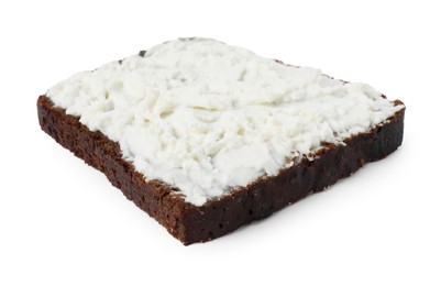 Photo of Delicious fresh ricotta (cream cheese) on piece of bread isolated on white