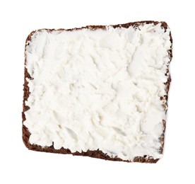 Delicious fresh ricotta (cream cheese) on piece of bread isolated on white, top view