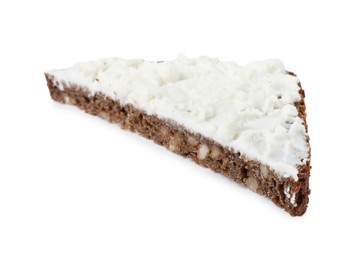 Photo of Delicious fresh ricotta (cream cheese) on piece of bread isolated on white