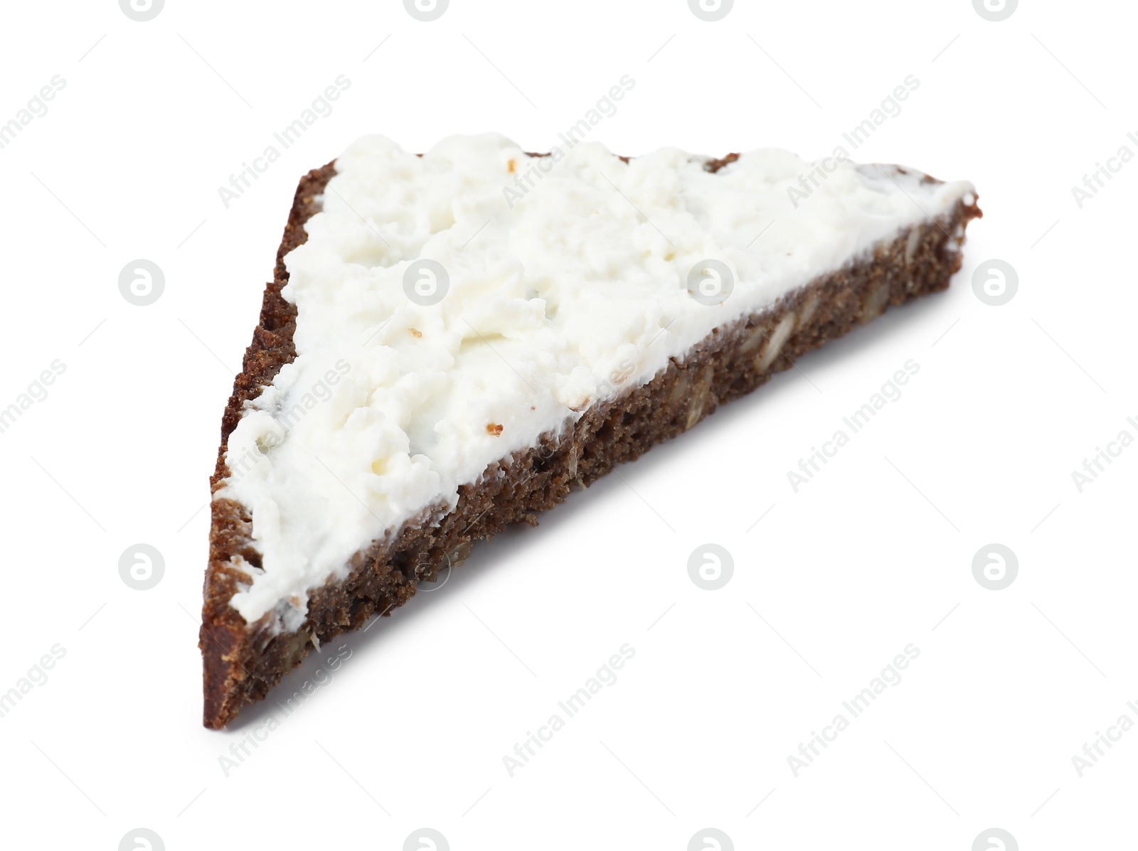 Photo of Delicious fresh ricotta (cream cheese) on piece of bread isolated on white