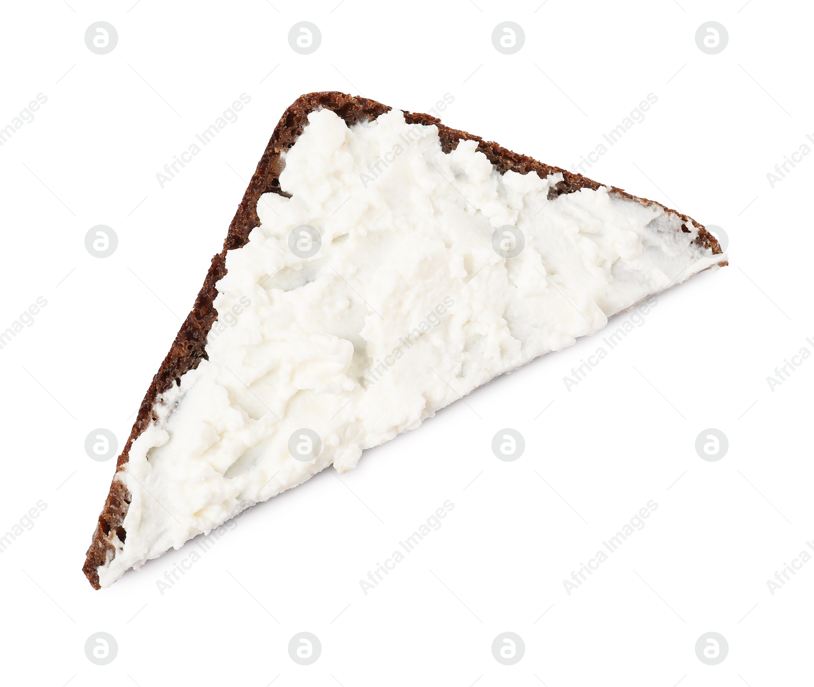 Photo of Delicious fresh ricotta (cream cheese) on piece of bread isolated on white, top view