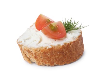 Photo of Delicious bruschetta with fresh ricotta (cream cheese), tomato and dill isolated on white