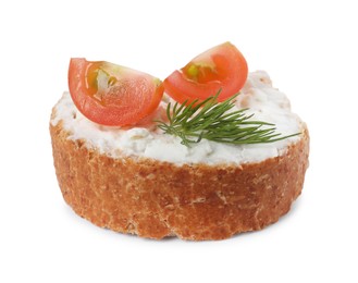 Delicious bruschetta with fresh ricotta (cream cheese), tomato and dill isolated on white