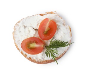 Photo of Delicious bruschetta with fresh ricotta (cream cheese), tomato and dill isolated on white, top view