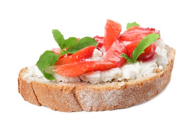 Delicious bruschetta with fresh ricotta (cream cheese), strawberry and mint isolated on white