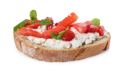 Photo of Delicious bruschetta with fresh ricotta (cream cheese), strawberry and mint isolated on white