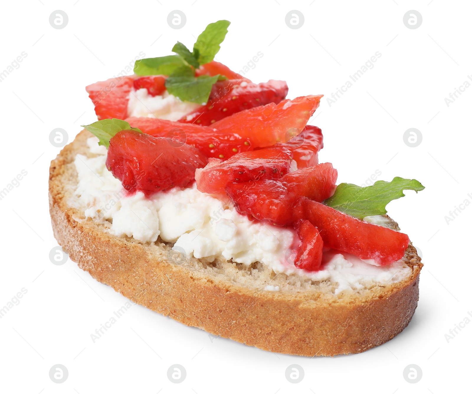 Photo of Delicious bruschetta with fresh ricotta (cream cheese), strawberry and mint isolated on white