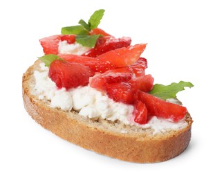 Photo of Delicious bruschetta with fresh ricotta (cream cheese), strawberry and mint isolated on white