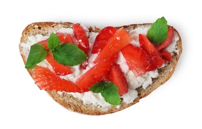 Photo of Delicious bruschetta with fresh ricotta (cream cheese), strawberry and mint isolated on white, top view