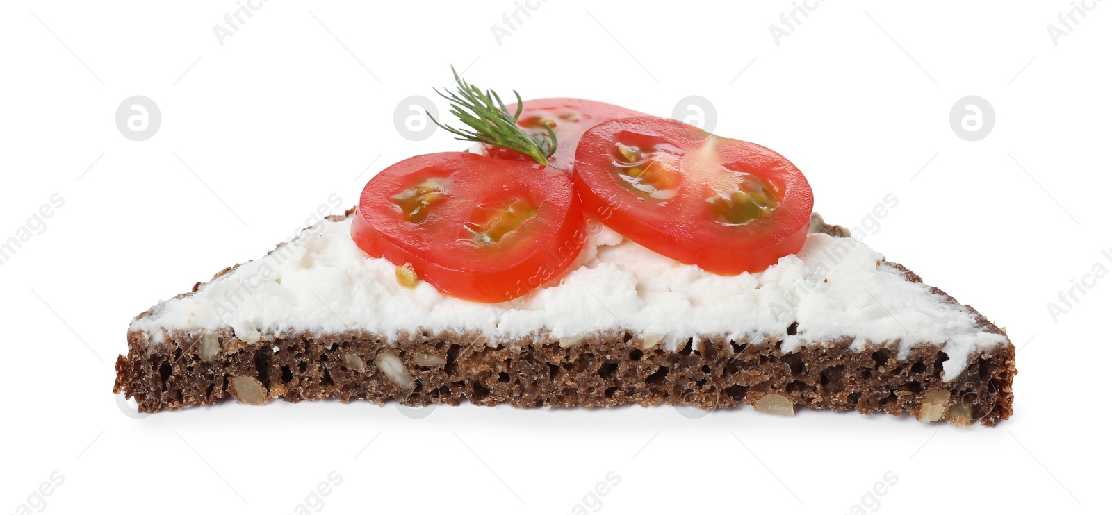 Photo of Delicious bruschetta with fresh ricotta (cream cheese), tomato and dill isolated on white