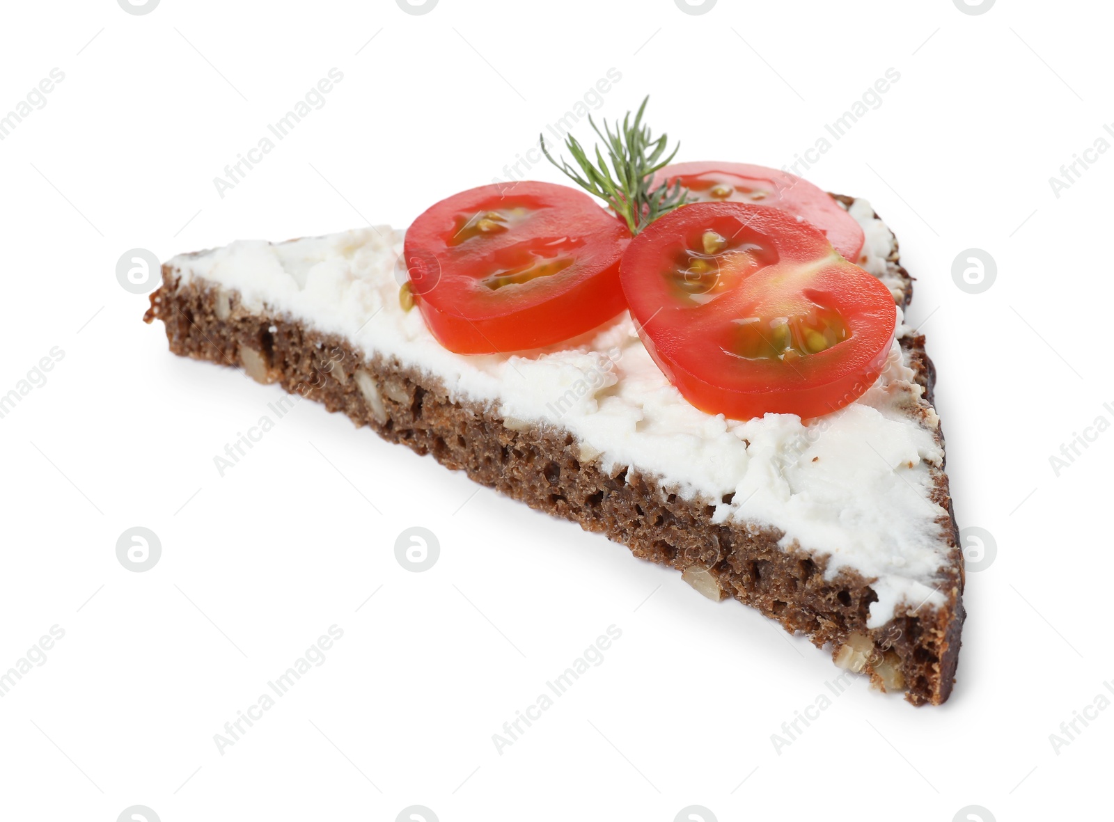 Photo of Delicious bruschetta with fresh ricotta (cream cheese), tomato and dill isolated on white