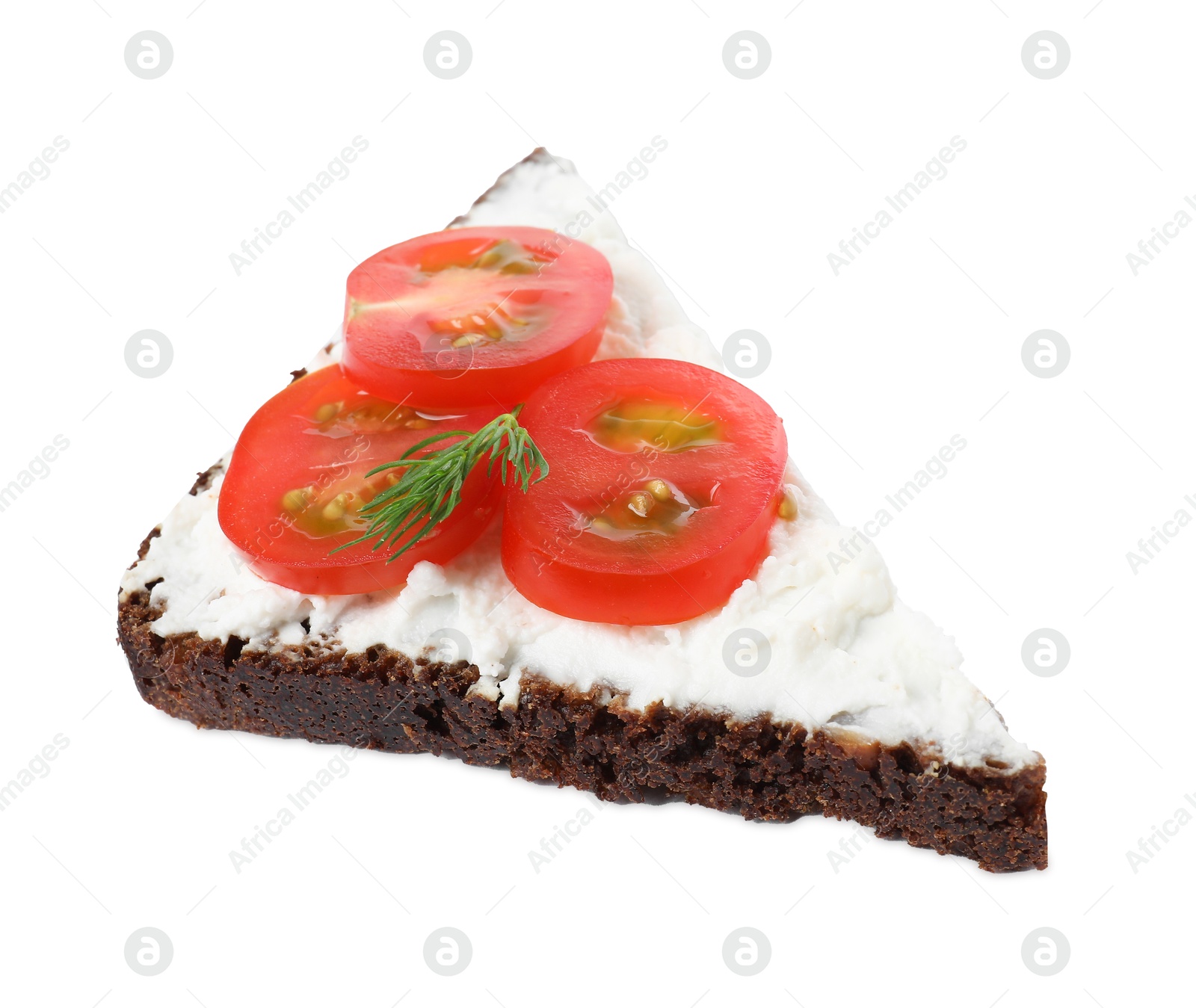 Photo of Delicious bruschetta with fresh ricotta (cream cheese), tomato and dill isolated on white