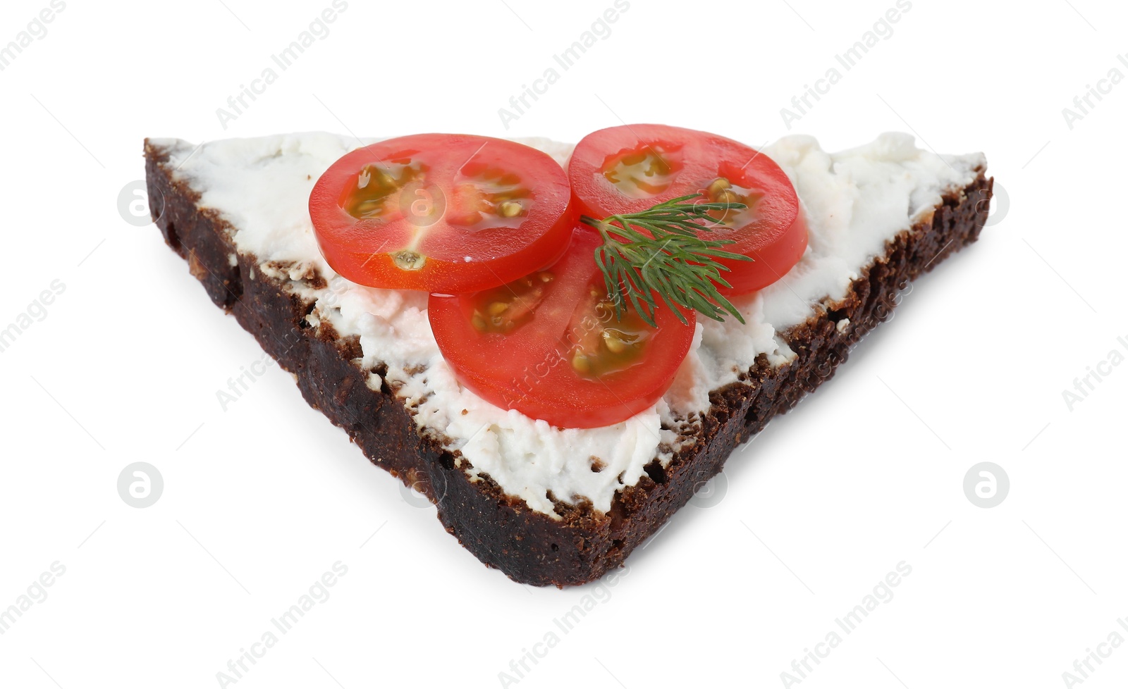 Photo of Delicious bruschetta with fresh ricotta (cream cheese), tomato and dill isolated on white