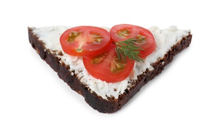 Photo of Delicious bruschetta with fresh ricotta (cream cheese), tomato and dill isolated on white