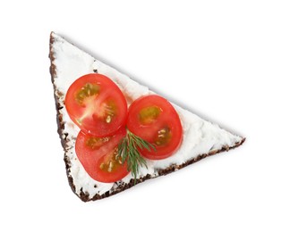 Photo of Delicious bruschetta with fresh ricotta (cream cheese), tomato and dill isolated on white, top view
