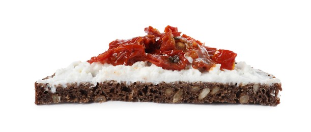 Photo of Delicious bruschetta with fresh ricotta (cream cheese) and sun-dried tomatoes isolated on white