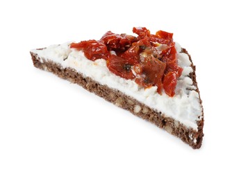 Photo of Delicious bruschetta with fresh ricotta (cream cheese) and sun-dried tomatoes isolated on white