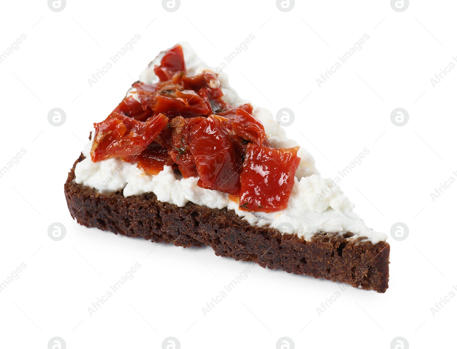 Photo of Delicious bruschetta with fresh ricotta (cream cheese) and sun-dried tomatoes isolated on white