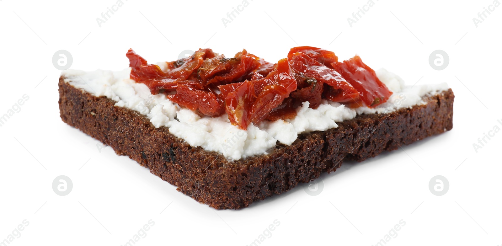 Photo of Delicious bruschetta with fresh ricotta (cream cheese) and sun-dried tomatoes isolated on white