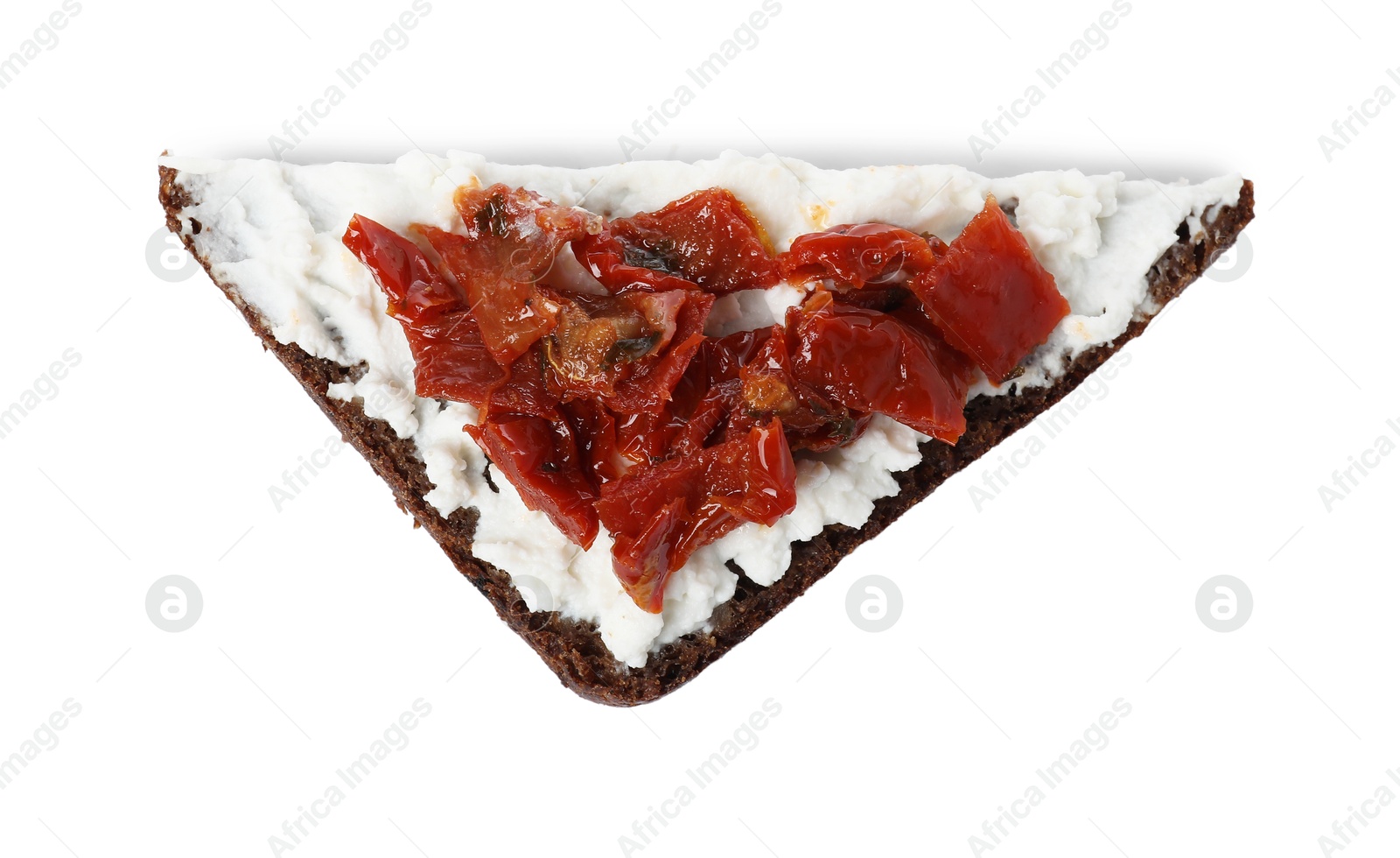 Photo of Delicious bruschetta with fresh ricotta (cream cheese) and sun-dried tomatoes isolated on white, top view